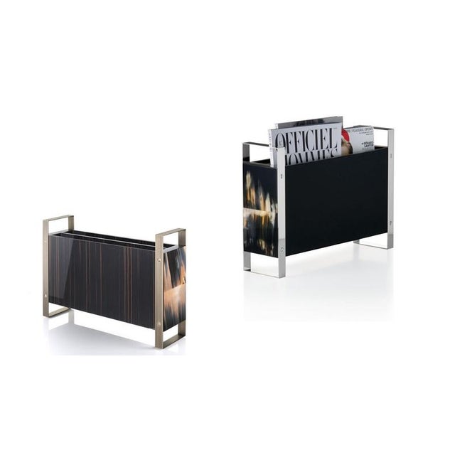 Dante Magazine Rack in Lacquered Black Wood and Leather and Steel by Arcahorn For Sale - Image 6 of 7