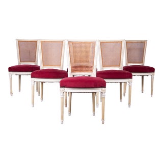 Antique French Louis XVI Style Painted Dining Chairs W/ Magenta Mohair - Set of 6 For Sale