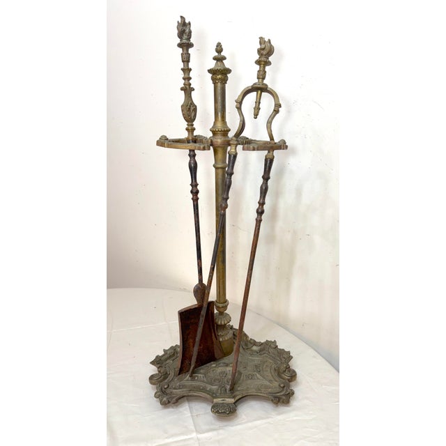 19th Century Antique Ornate 19th Century Gilt Bronze Brass Fireplace Tool Tongs Shover Set For Sale - Image 5 of 12