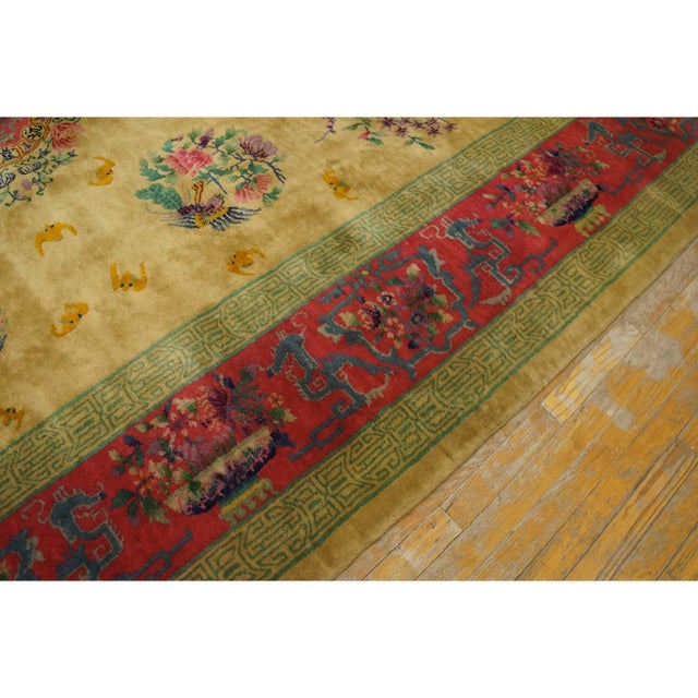 Light Yellow 1920s Soft Yellow Field Antique Vase Floral Shou Symbols Chinese Art Deco Rug For Sale - Image 8 of 11