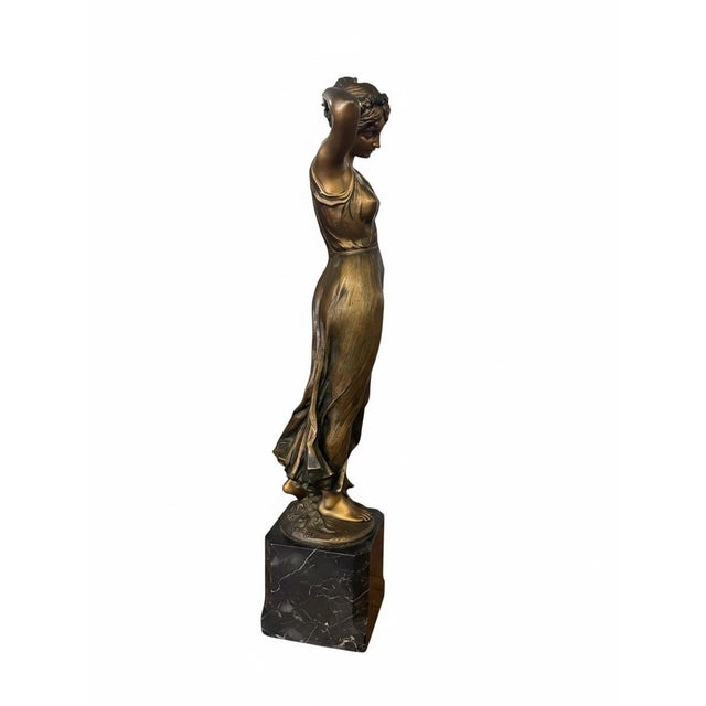 Vintage Art Nouveau Style Bronze-Finish Female Figure on Marble Base For Sale In Greensboro - Image 6 of 9