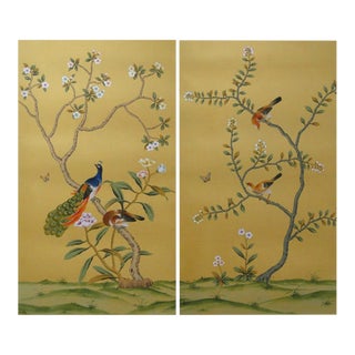 30"*60"/Panel, Unframed Chinoiserie Hand Painted Silk Wallpaper - Set of 2 For Sale
