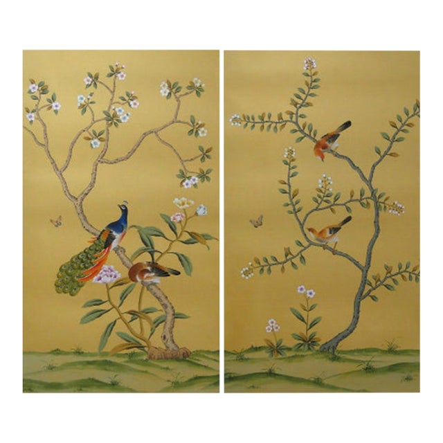 Unframed Chinoiserie Hand Painted Silk Wallpaper - Set of 2 For Sale