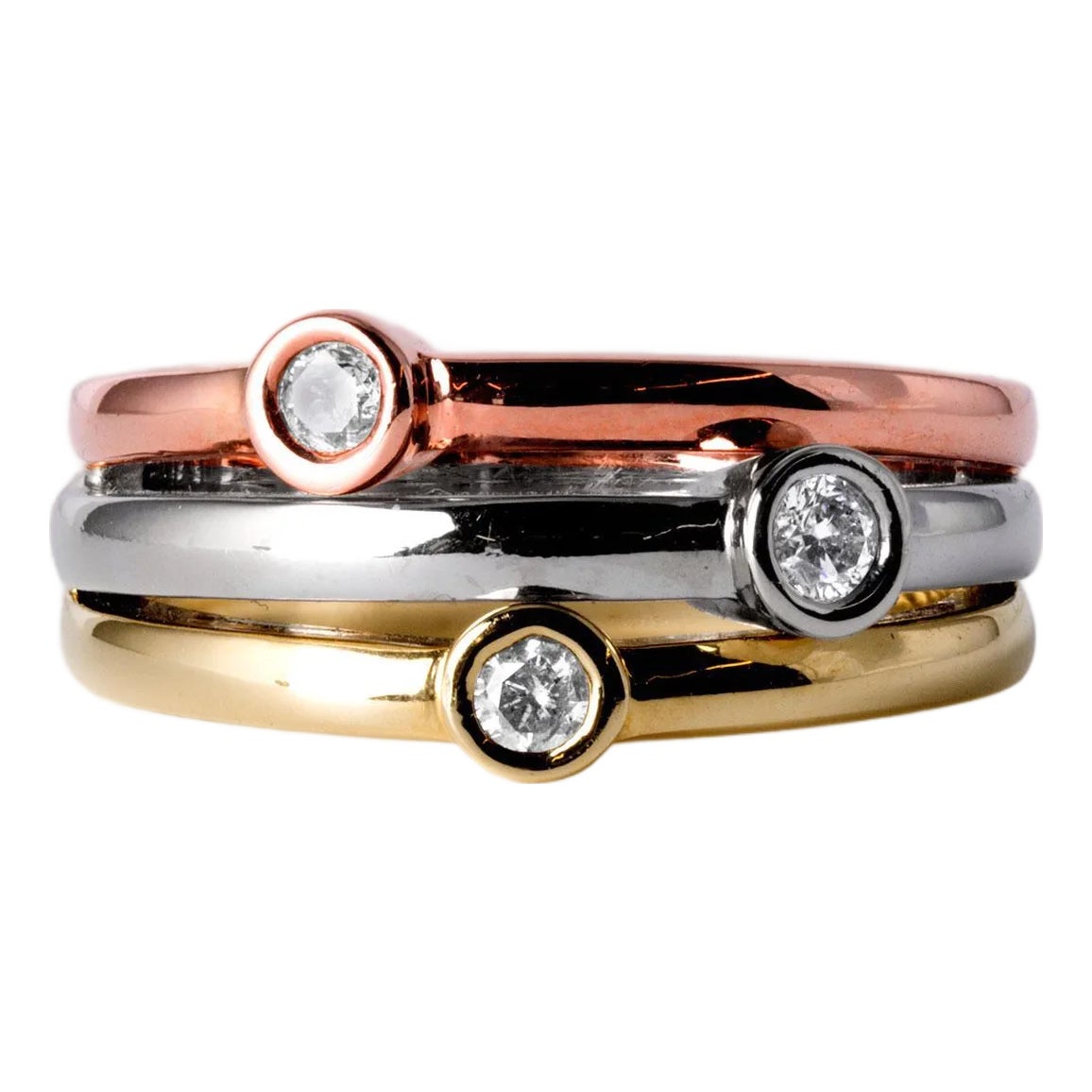 1990s Floating Diamonds Bezel Set 14 Karat Tri Gold 3 Row Ring Band ...