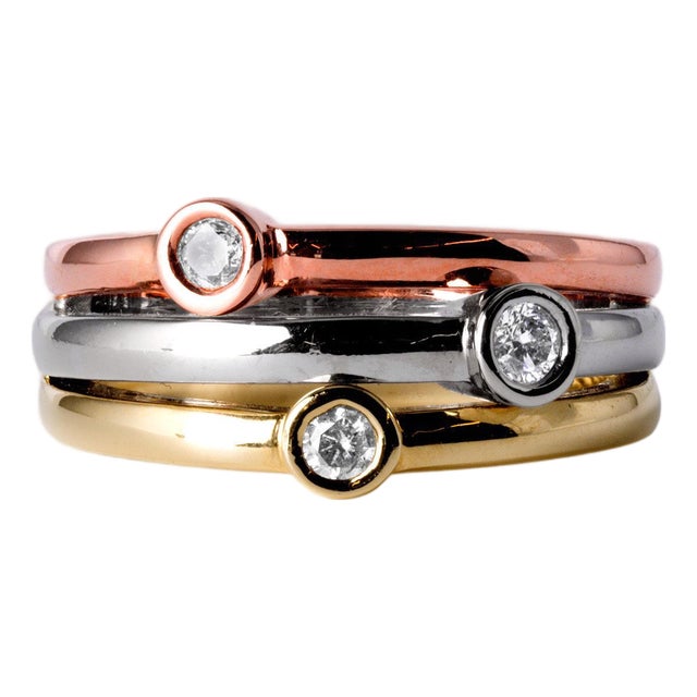 1990s Floating Diamonds Bezel Set 14 Karat Tri Gold 3 Row Ring Band Size 7.25 For Sale
