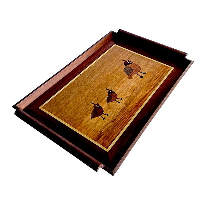 Wood Vintage Inlaid Wood Serving Tray – Handcrafted Marquetry Quail Motif For Sale - Image 7 of 13