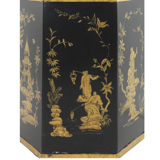 Pair of Black Vintage Export British Tea Cans Hand Painted Chinoiserie Hexagonal Table Lamps For Sale - Image 9 of 10