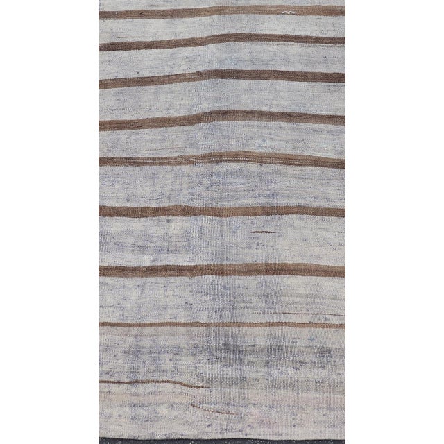 Measures: 3'2 x 5'4 Vintage Turkish Kilim Rug with Soft Grey and Rich Brown Stripes 3'2 x 5'4. Keivan Woven Arts /...