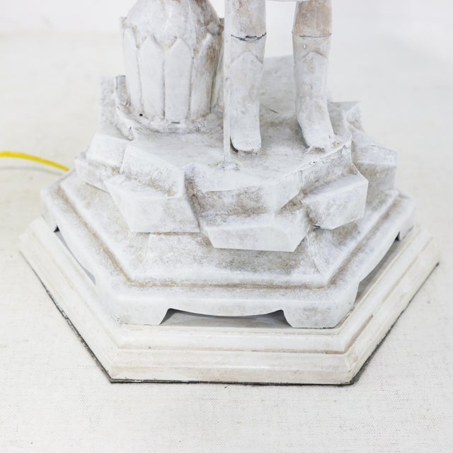 A Unique Pair of White Handmade Metal Antique Lamps, Warrior and Palm Tree Lamps For Sale - Image 10 of 12