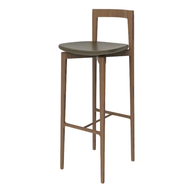 Modern Linea 632 Grey Bar Chair in Green Leather and Walnut Wood by Collector Studio For Sale