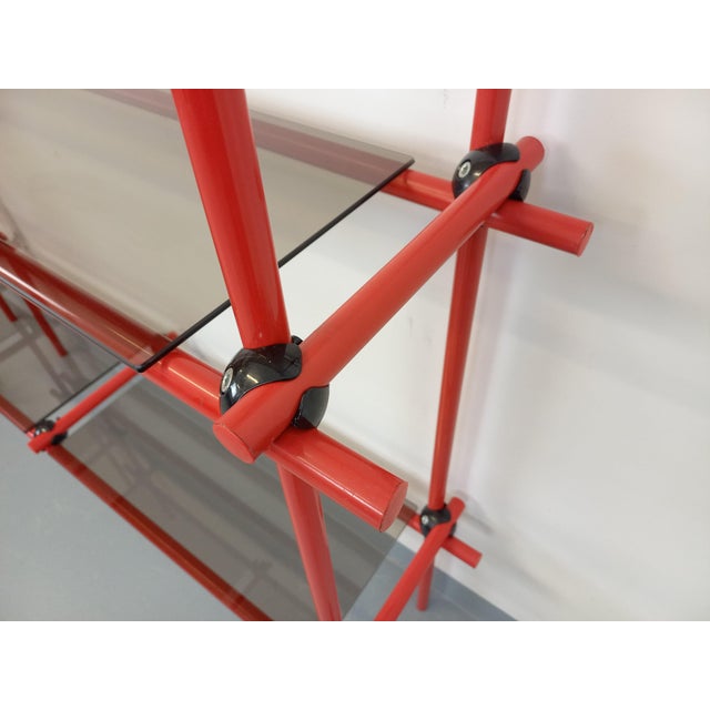 Vintage Italian Bauhaus Style Bookcase in Red Metal and Smoked Glass, 1970s For Sale - Image 14 of 15