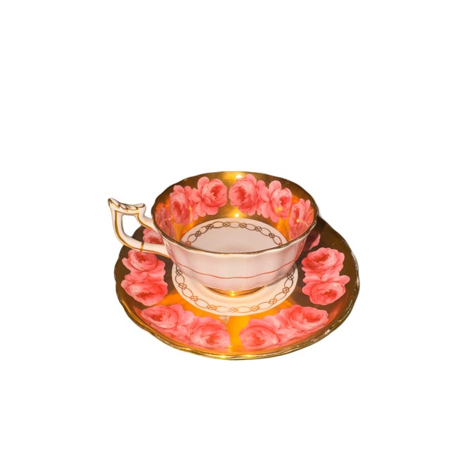 1950s Royal Chelsea ‘Pink Cabbage Roses’ Teacup & Saucer Set - Gold English Bone China For Sale - Image 10 of 10