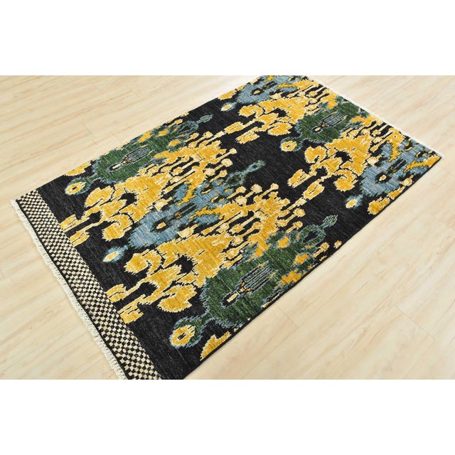 Modern Ikat Rug 3'11'' X 6'3'' Black Gold Wool Modern Hand-Knotted Oriental Carpet For Sale - Image 3 of 11