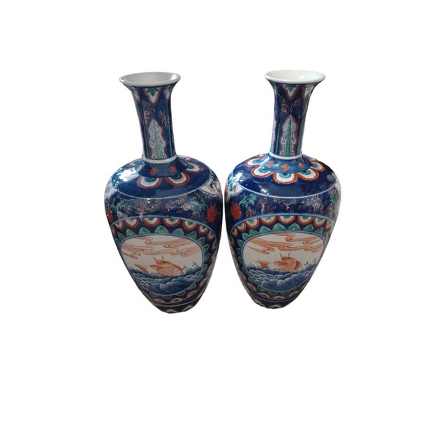 Vintage Pair of Ceramic Asian Koi Vases For Sale In West Palm - Image 6 of 7