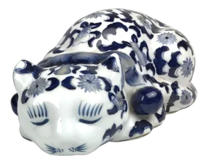 Mid Century Blue & White Porcelain Laying Cat Figurine