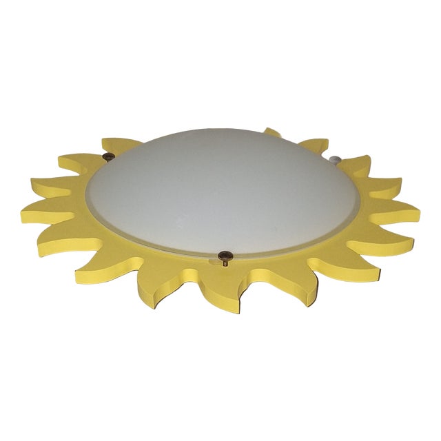 Vintage Ceiling Lamp with Matte White Glass Shade on Metal Mount with a Yellow Sunburst Frame by Zikoli, 2000s For Sale