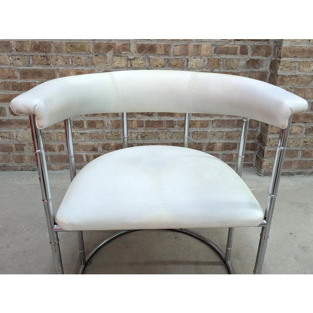 Metal 1970's Chrome & White Naugahyde Faux Bamboo Barrel Lounge Chair For Sale - Image 7 of 8