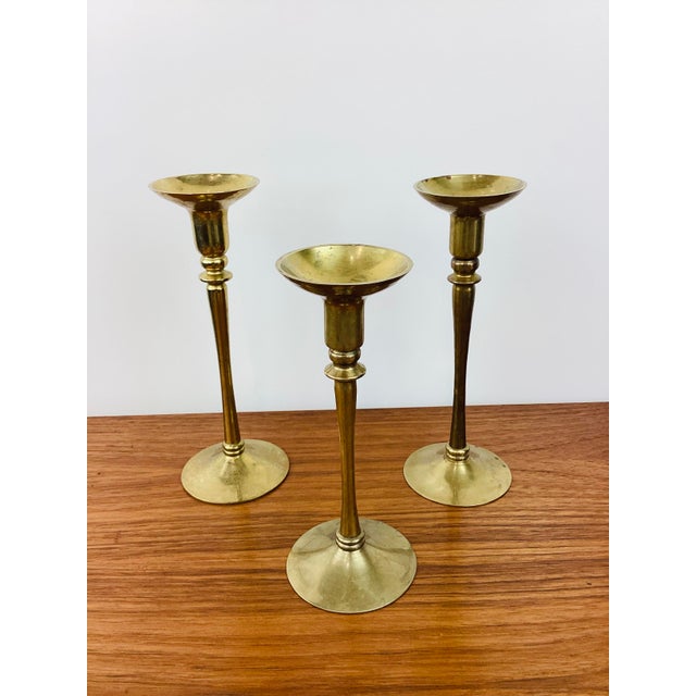 1970s Vintage Tall Brass Graduated Size Set of 3 Candle Holders For Sale - Image 5 of 6