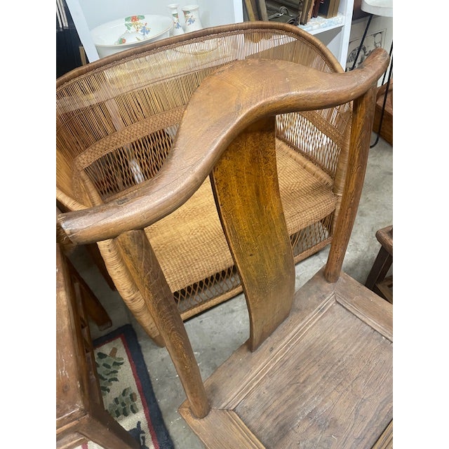 Vintage Pair Asian Elmwood Oriental Wood Yoke Back Dining / Side Chairs For Sale - Image 9 of 18