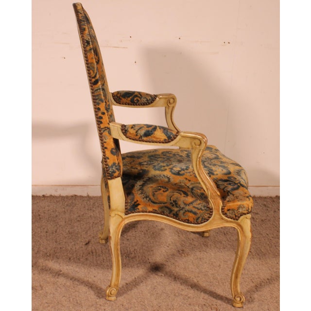Wood 19th Century Louis XV Carved and Painted Armchair For Sale - Image 7 of 12
