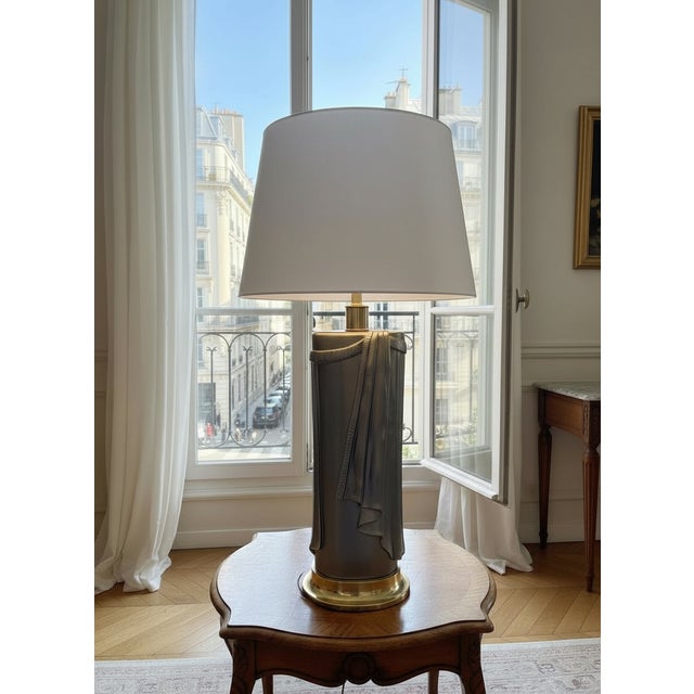 1980’s E. F. Chapman Dorothy Draper Trompe L’Oeil Style Silver Gray and Brass Lamp For Sale - Image 18 of 18