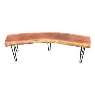 Late 20th Century Rustic Style Live Edge Slab Wood Top Coffee Table/ Bench With Iron Hairpin Legs For Sale
