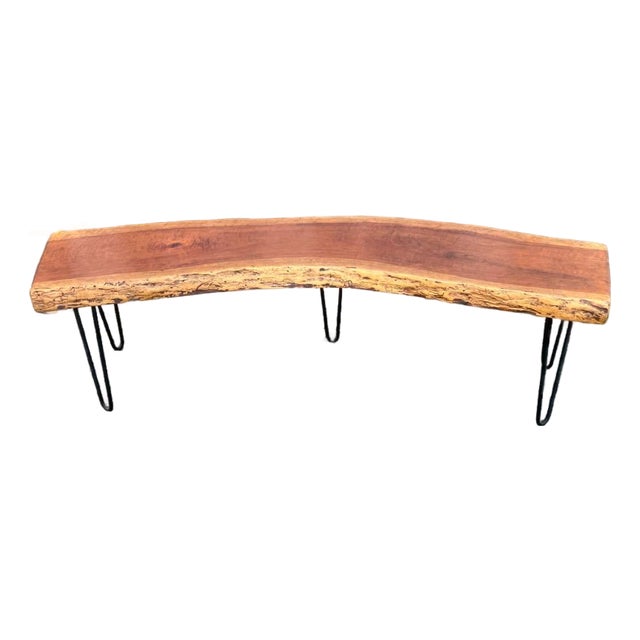 Late 20th Century Rustic Style Live Edge Slab Wood Top Coffee Table/ Bench With Iron Hairpin Legs For Sale
