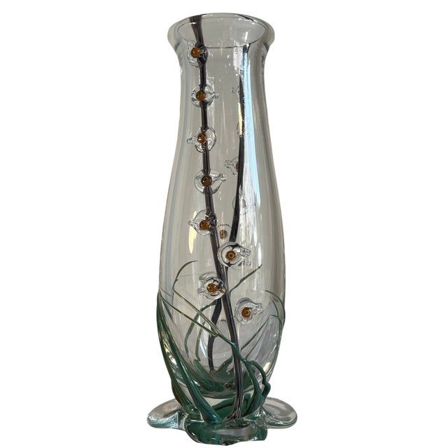 Glass Art Glass Vase With Textural Applied Floral Grass Design For Sale - Image 7 of 18