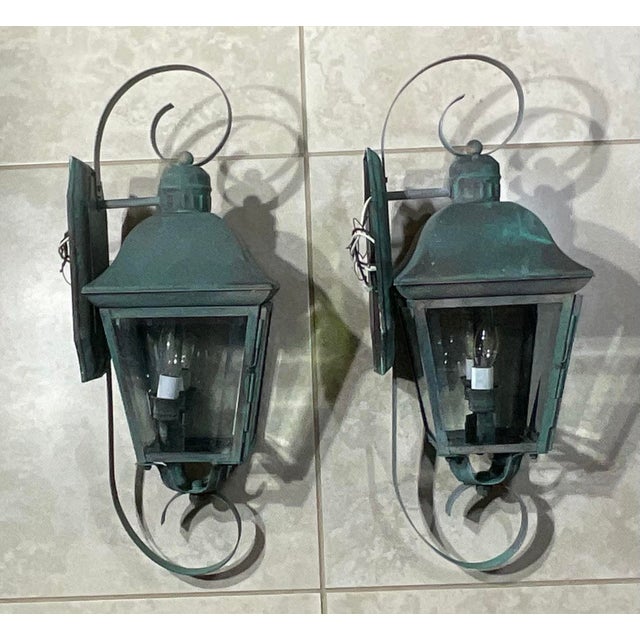 Metal Pair of Vintage Solid Brass Outdoor Wall Lanterns - 22”h X 7”.5 W X 7”.5 D For Sale - Image 7 of 15