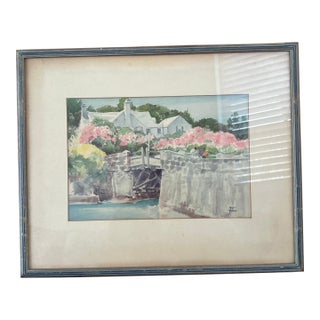 Vintage Watercolor Village Scene - Signed For Sale