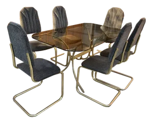 Vintage Italian Dining Chairs and Table in Brass, 1970s, Set of 7