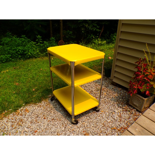 Vintage Industrial Yellow Cosco Chrome Kitchen 3 Shelf Utility Cart With Wheels For Sale - Image 14 of 18