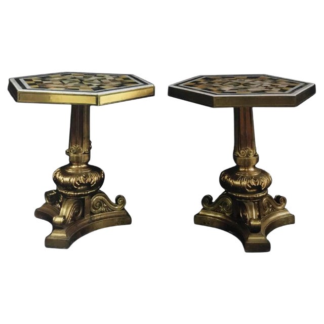 19th Century Gilt Bronze & Pietra Dura Marble Tables, Set of 2 For Sale