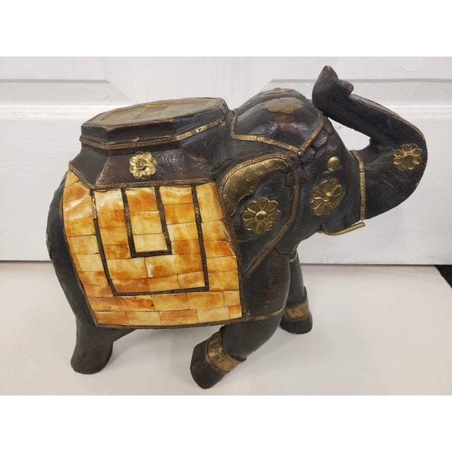 Indian Indian Traditional Wedding Style Wood Elephant Statue With Brass & Bone Accents (1960s/1970s) For Sale - Image 3 of 9