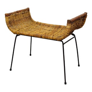 Danny Ho Fong Tropi-Cal Rattan and Wrought Iron Mid Century Ottoman Footstool For Sale