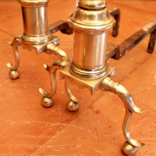Pair of Antique American Cannon Ball Top Brass Andirons For Sale - Image 11 of 12