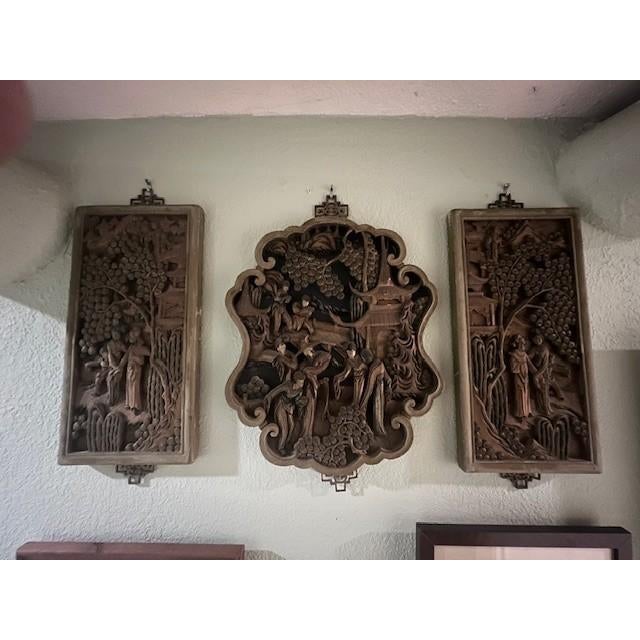 Hand Carved Wood Chinese Wall Plaque Set - 3pc Vintage Chinoiserie Garden Panels For Sale - Image 13 of 18