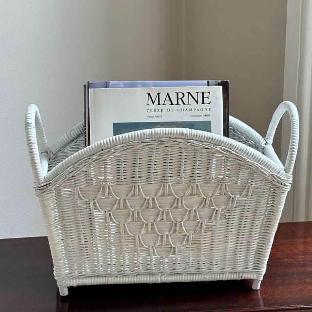 Shabby Chic Mid-20th Century White Wicker Magazine / Book Holder For Sale - Image 3 of 12