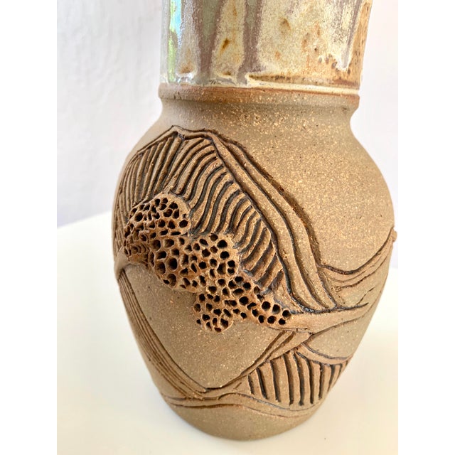 Taupe Vintage Vase Studio Pottery, Carved Organic Motif, Signed "Moni" For Sale - Image 8 of 13
