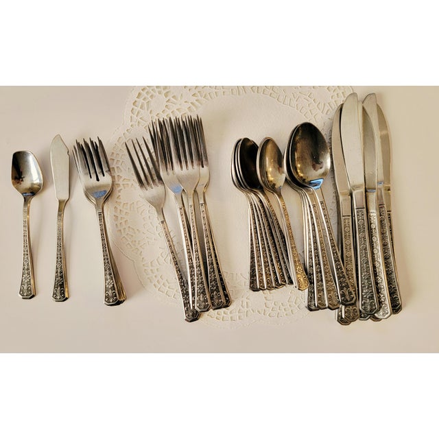 39 Piece Set of Interpur Korea Vintage stainless Flatware Silverware Florenz Pattern with Fleur De Lis, Mid-...