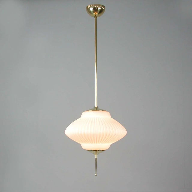 Mid-Century Modern Mid-Century Modern Ribbed Milk Glass and Brass Globe Pendant from Stilnovo For Sale - Image 3 of 18