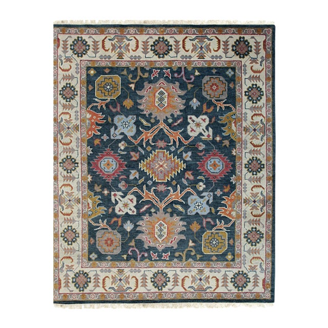10x14 Sarrah Oushak Charcoal Traditional Geometric Hand Knotted Wool Carpet Rug For Sale