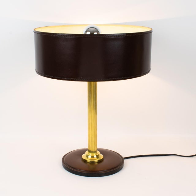 Brass Jacques Adnet Brown Hand-Stitched Leather-Clad Table Lamp For Sale - Image 8 of 14