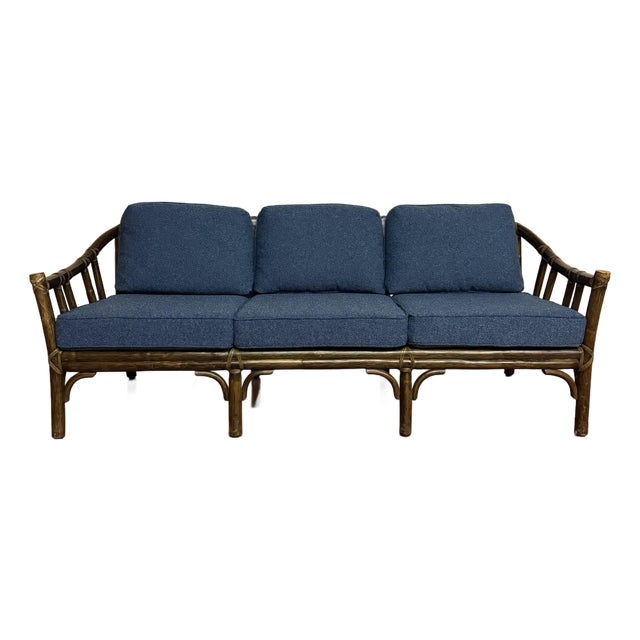 McGuire Vintage Rattan Sofa With New Upholstery Fabric For Sale