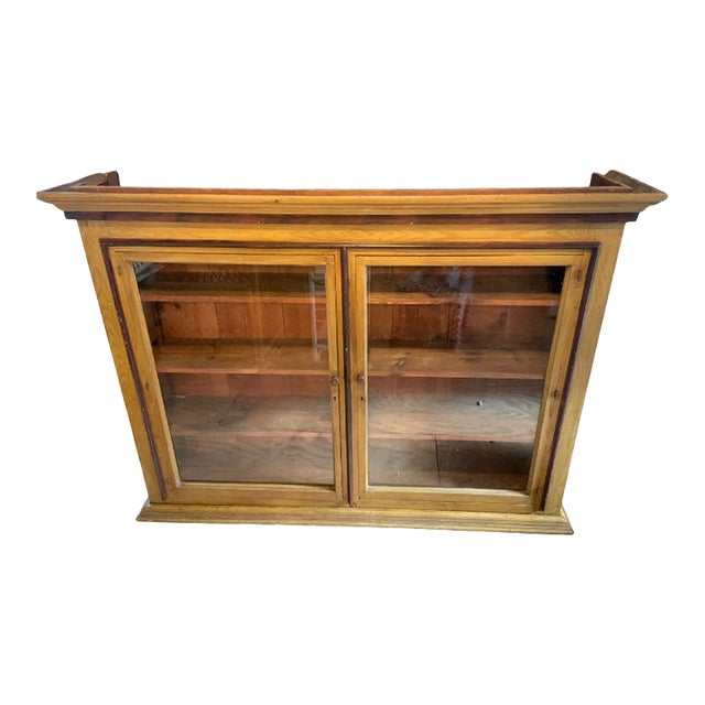 Large Vintage Stained Wood Glass Display Wall Cabinet Shelf For Sale