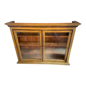 Large Vintage Stained Wood Glass Display Wall Cabinet Shelf