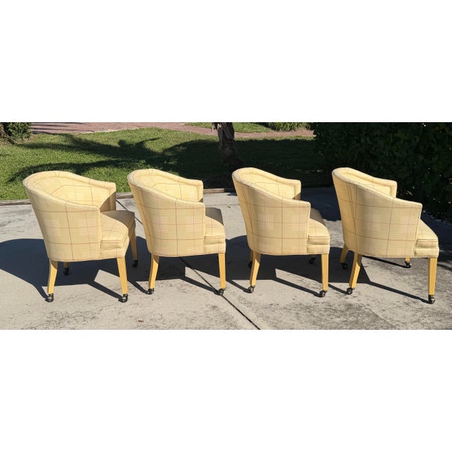 Set of four vintage Sherrill bucket chairs featuring a distinctive multicolored plaid upholstery with a fine houndstooth-...