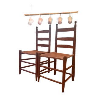 Early 20th Century American Ladder-Back Wood and Hide Chairs. For Sale
