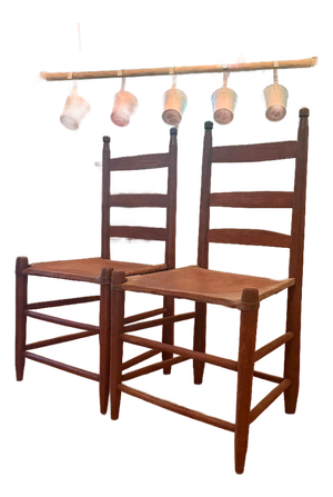 Early 20th Century American Ladder-Back Wood and Hide Chairs.