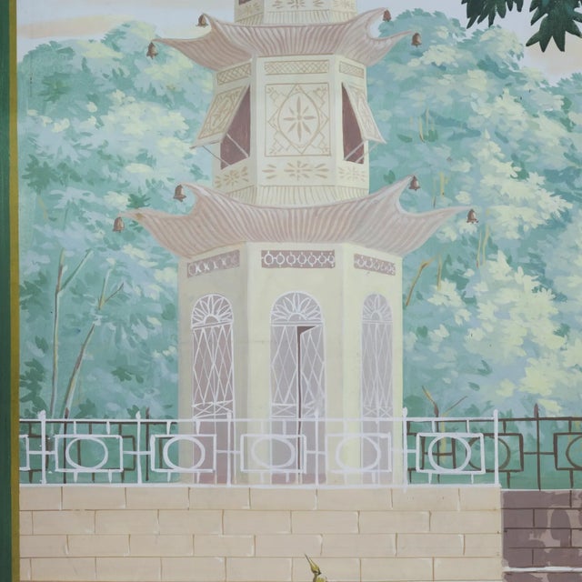Textile Large Vintage Chinoiserie Decorative Painting With Archers and Ornamental Pagoda For Sale - Image 7 of 10